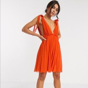 ASOS DESIGN tie shoulder pleated mini dress in red